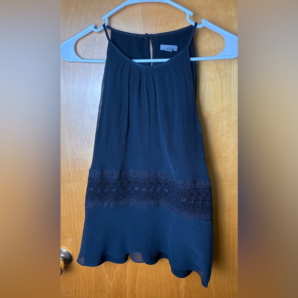 Ann Taylor Silk Blouse Lace Detail Sleeveless Black Size 10